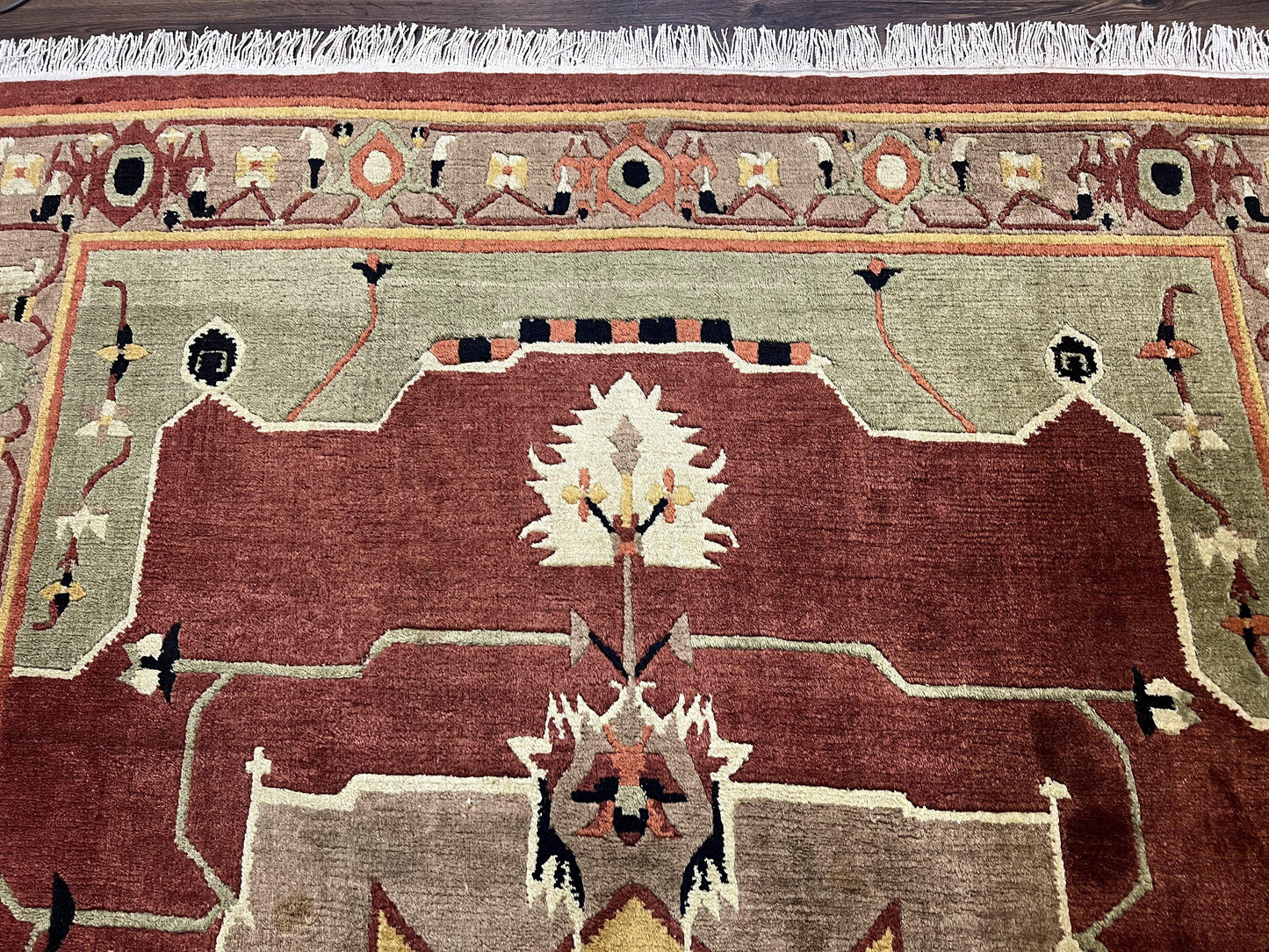 Tibetan Rug 7x10, Geometric Medallion, Red Green Taupe, Hand Knotted, Soft Wool Area Rug, Contemporary Carpet, Handmade Nepali Rug 7 x 10 ft