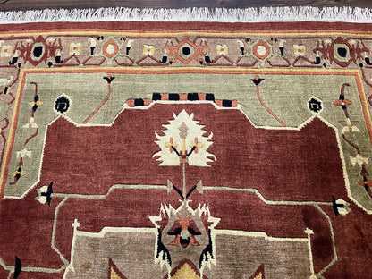 Tibetan Rug 7x10, Geometric Medallion, Red Green Taupe, Hand Knotted, Soft Wool Area Rug, Contemporary Carpet, Handmade Nepali Rug 7 x 10 ft