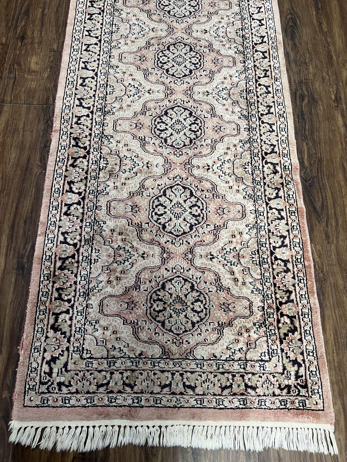Silk Kashmiri Runner 2.7 x 10 ft Vintage Rug, Ivory Pastel Pink, Hand-Knotted Vintage Runner, Hallway Carpet, Indian Rug Medallion Runner