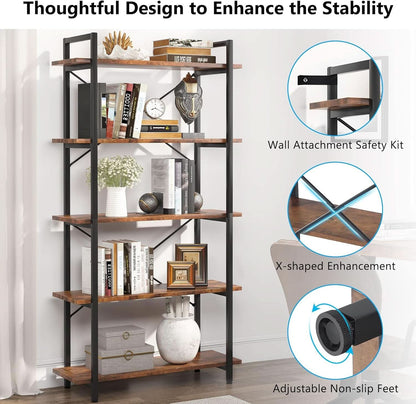Industrial Rustic 5 Tier Etagere Bookshelf With Metal Frame