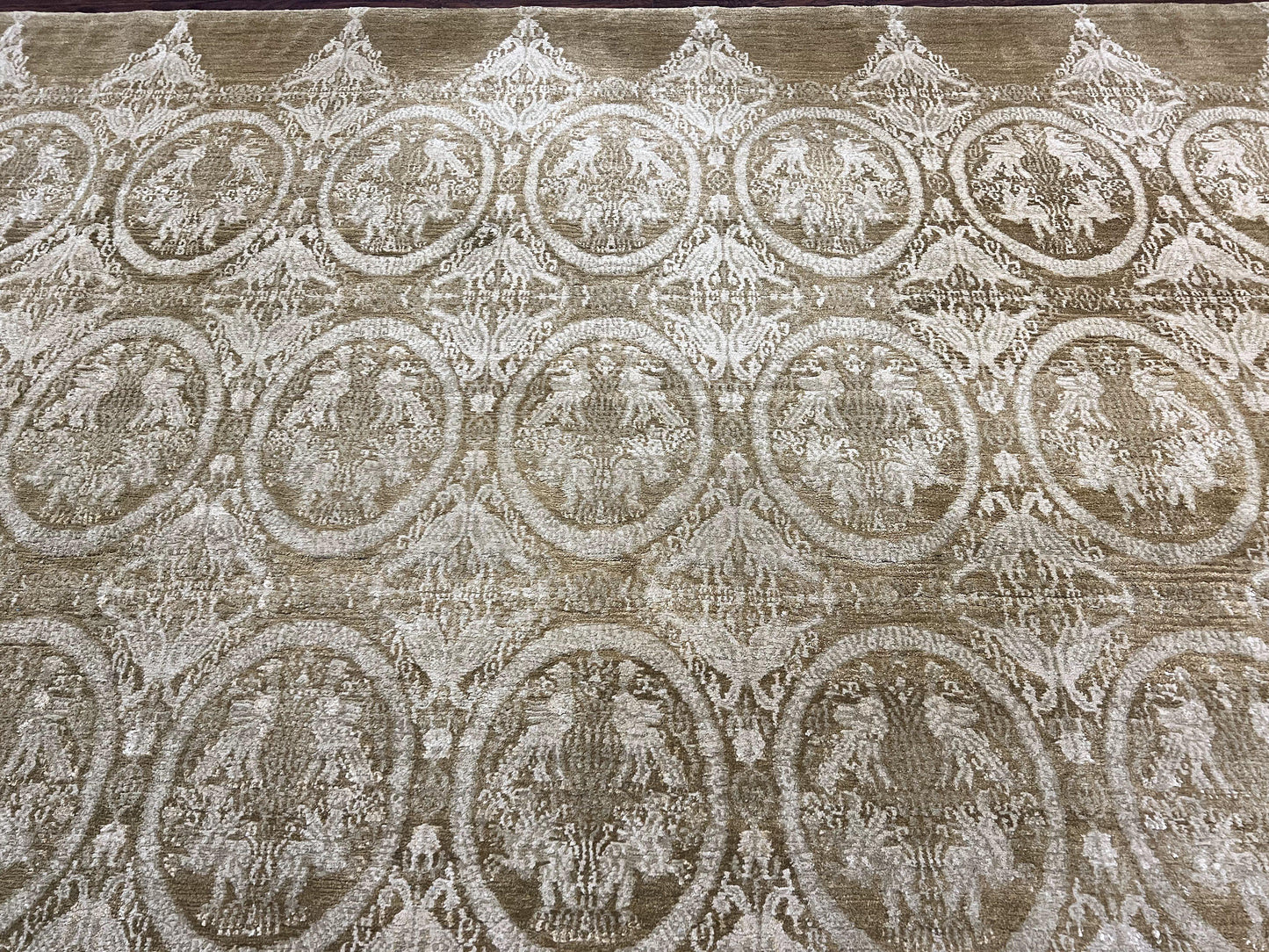 Tibetan Rug 12x15, Wool Hand Knotted Carpet, Odegard Rug, Birds, Olive Green, 12 x 15 Oversized Handmade Contemporary Area Rug, Extra Large