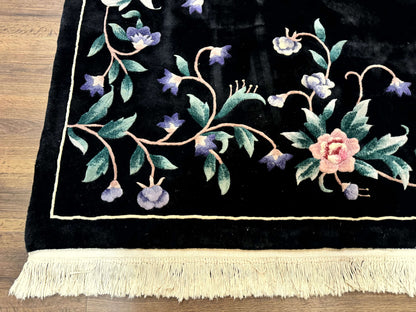 Chinese Wool Rug 6x9, Black, Floral, Minimal Design, 90 Line Carpet, Vintage Art Deco Rug