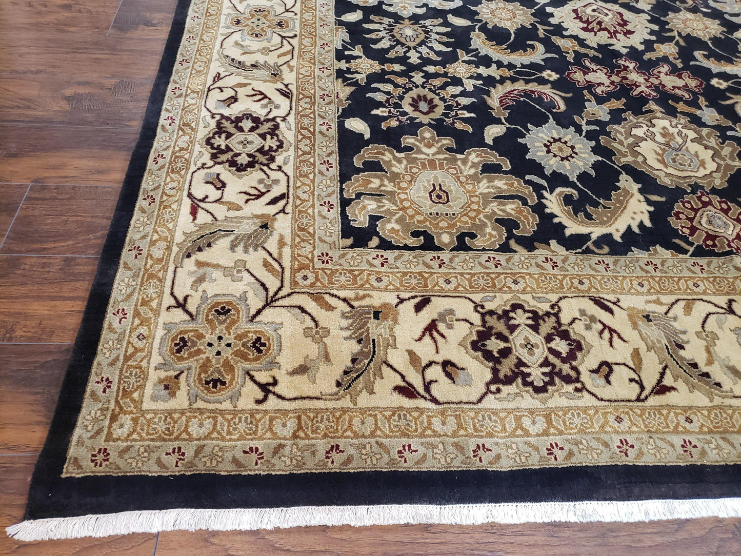 Indo Mahal Rug 8x12, Indian Sultanabad Handmade Area Rug, Vintage Hand-Knotted Wool Black Floral Traditional Oriental Dinning Room Rug