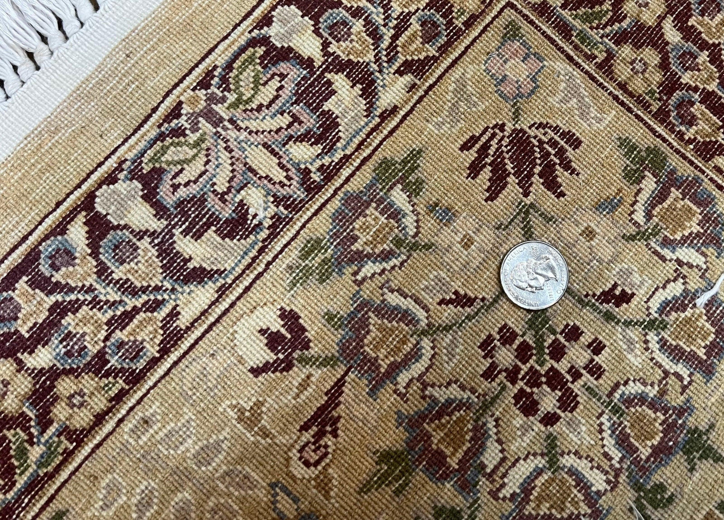 Pretty Indo Persian Rug 6x9, Allover Floral Motif with Birds, Tan/Cream, Very Fine Oriental Carpet, Hand Knotted Vintage Indian Wool Rug