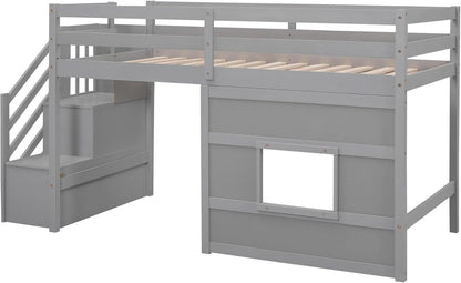 Twin Size Low Loft Bed In Gray With Stairs Storage