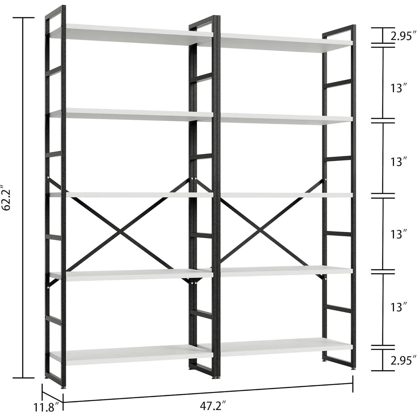 Two Piece Five Tier White Bookshelf Set Industrial Modern Bookcase For Living Room Office