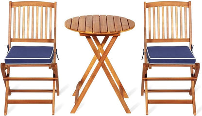 Patio Bistro Set With Wood Table And Navy Cushioned Chairs