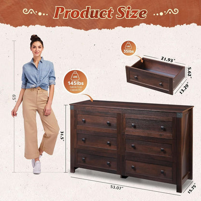 Brown Farmhouse 53 Inch 6 Drawer Dresser Rustic Handles