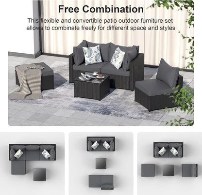 5 Piece Patio Furniture Set Waterproof Rattan Grey Cushions
