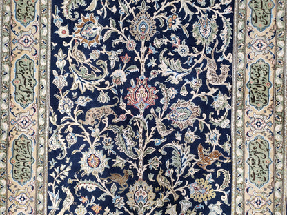 Semi Antique Persian Qum Tree of Life Rug, Hand-Knotted, Wool, Midnight Blue and Tan, Animal Pictorials, Written Poem in Borders, 4' 8" x 7' 8"