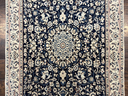 Very Fine Persian Nain Rug 3.7 x 6, Floral Medallion, Wool and Silk Accents, Highly Detailed, Hand Knotted Oriental Carpet, Navy Blue Ivory/Cream