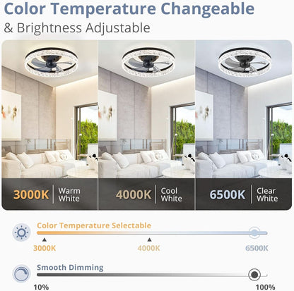 20 Inch Black Ceiling Fan With Lights And Remote, Dimmable, Flush Mount, Stepless Color Temperature, 6 Speeds