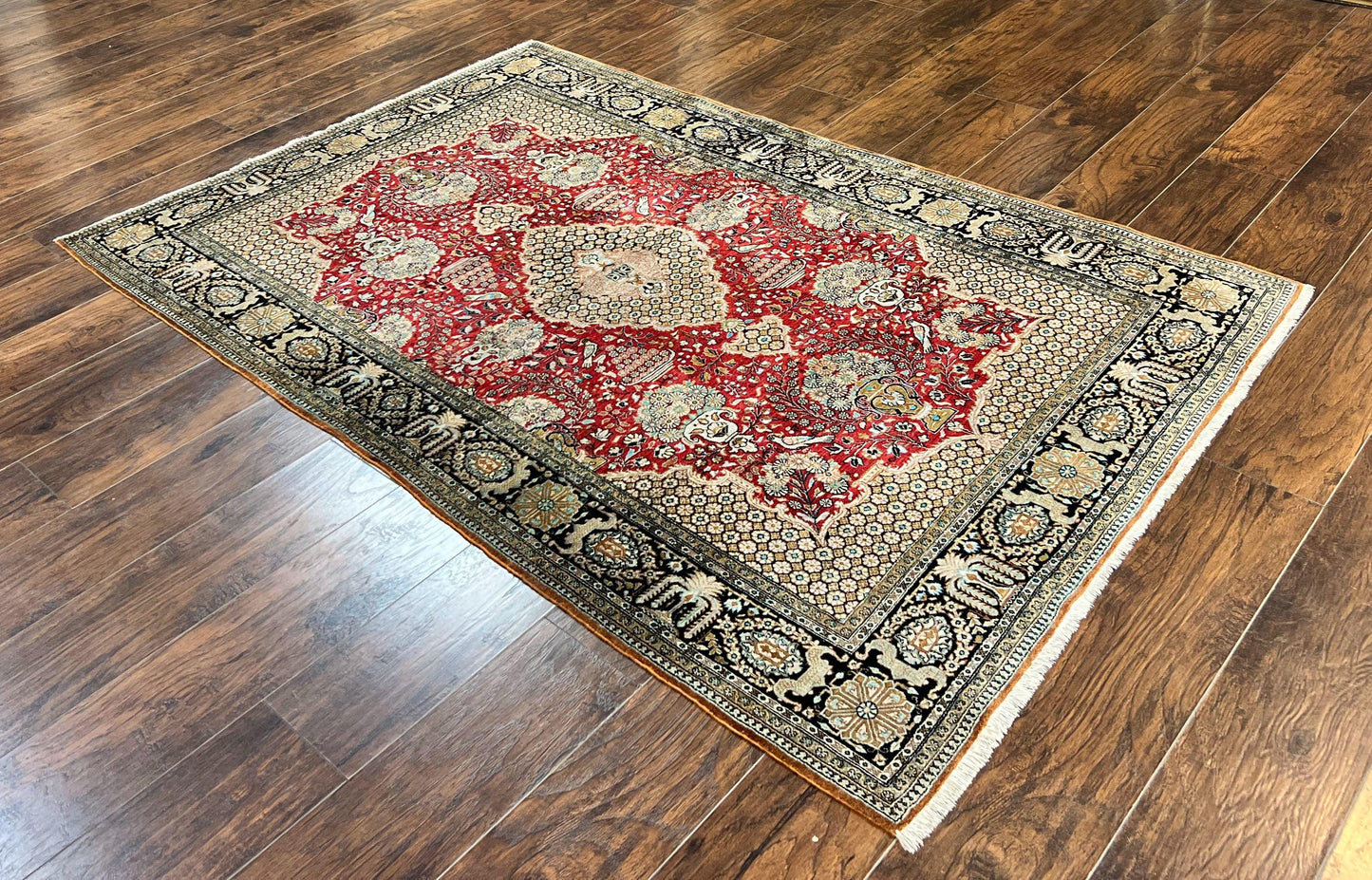 Wonderful Persian Silk Rug 5x7, Birds Floral Vases, Red, Hand Knotted Silk Fine Oriental Carpet, Handmade Vintage, Persian Qum Rug, 400 KPSI