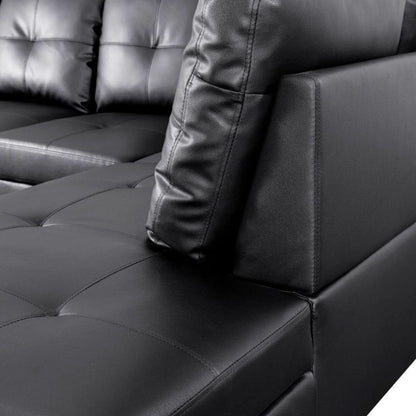 Black L Shaped 3 Piece Faux Leather Sofa Set With Storage Ottoman