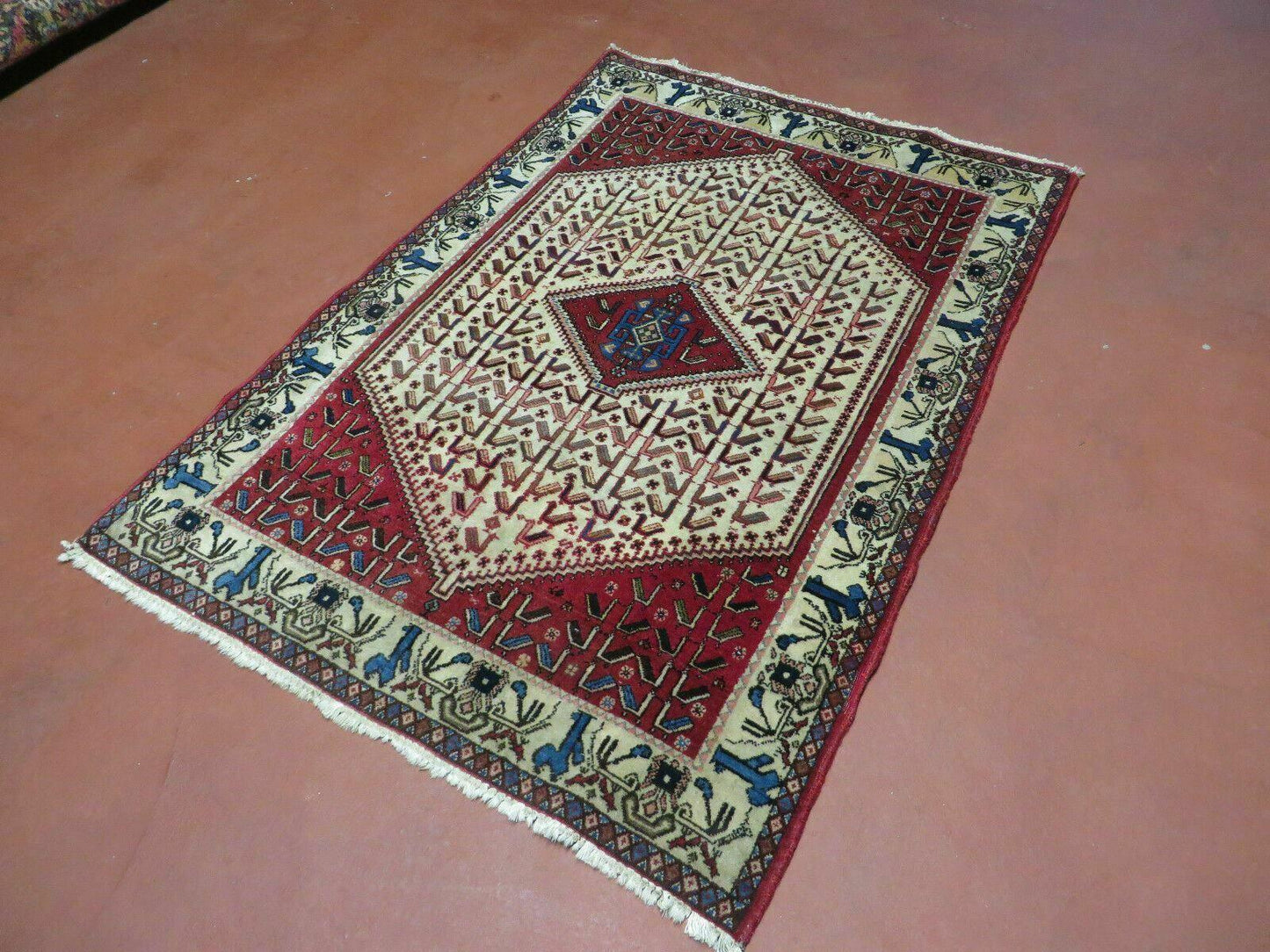 3' X 5' Vintage Handmade India Geometric Oriental Wool Rug Nice Birds Ivory Red