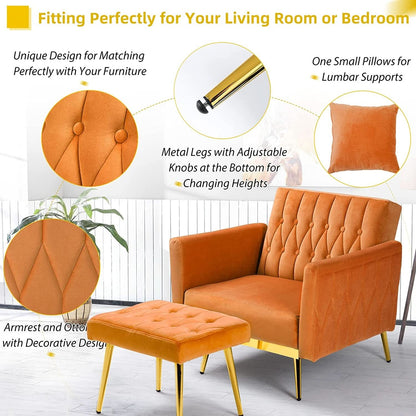 Orange Velvet Accent Chair With Adjustable Armrests And Backrest