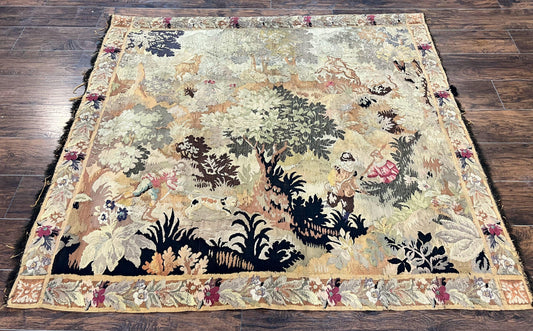 Antique French Tapestry 6x5 ft, European Handmade Wool Aubusson Weave Vintage Tapestry