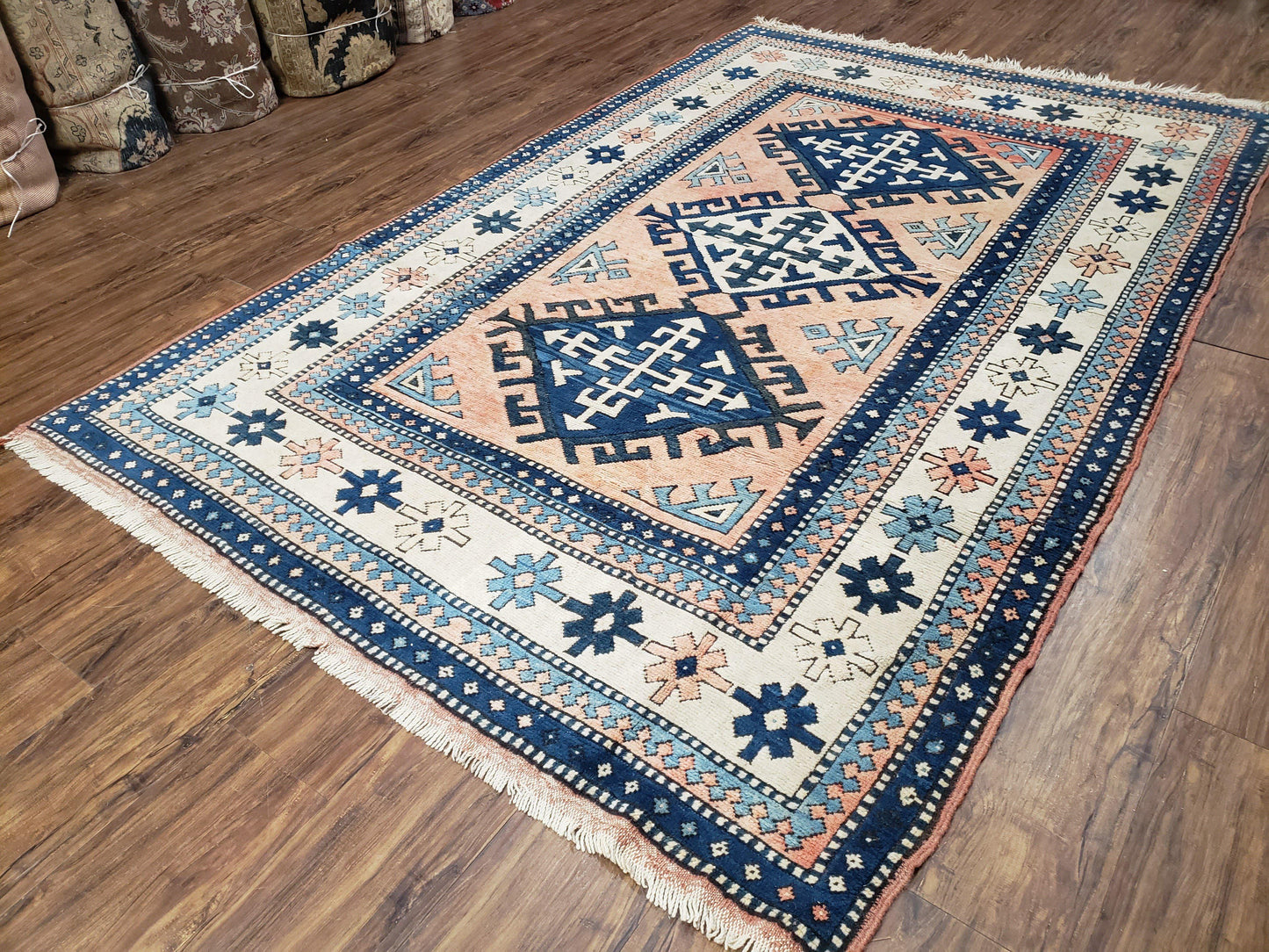 Turkish Kazak Rug 5x8 ft, Bold Geometric Bohemian Carpet, Blue and Ivory Hand Knotted Area Rug, Medium Sized High Quality Wool Oriental Rug
