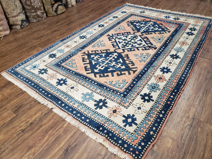 Turkish Kazak Rug 5x8 ft, Bold Geometric Bohemian Carpet, Blue and Ivory Hand Knotted Area Rug, Medium Sized High Quality Wool Oriental Rug