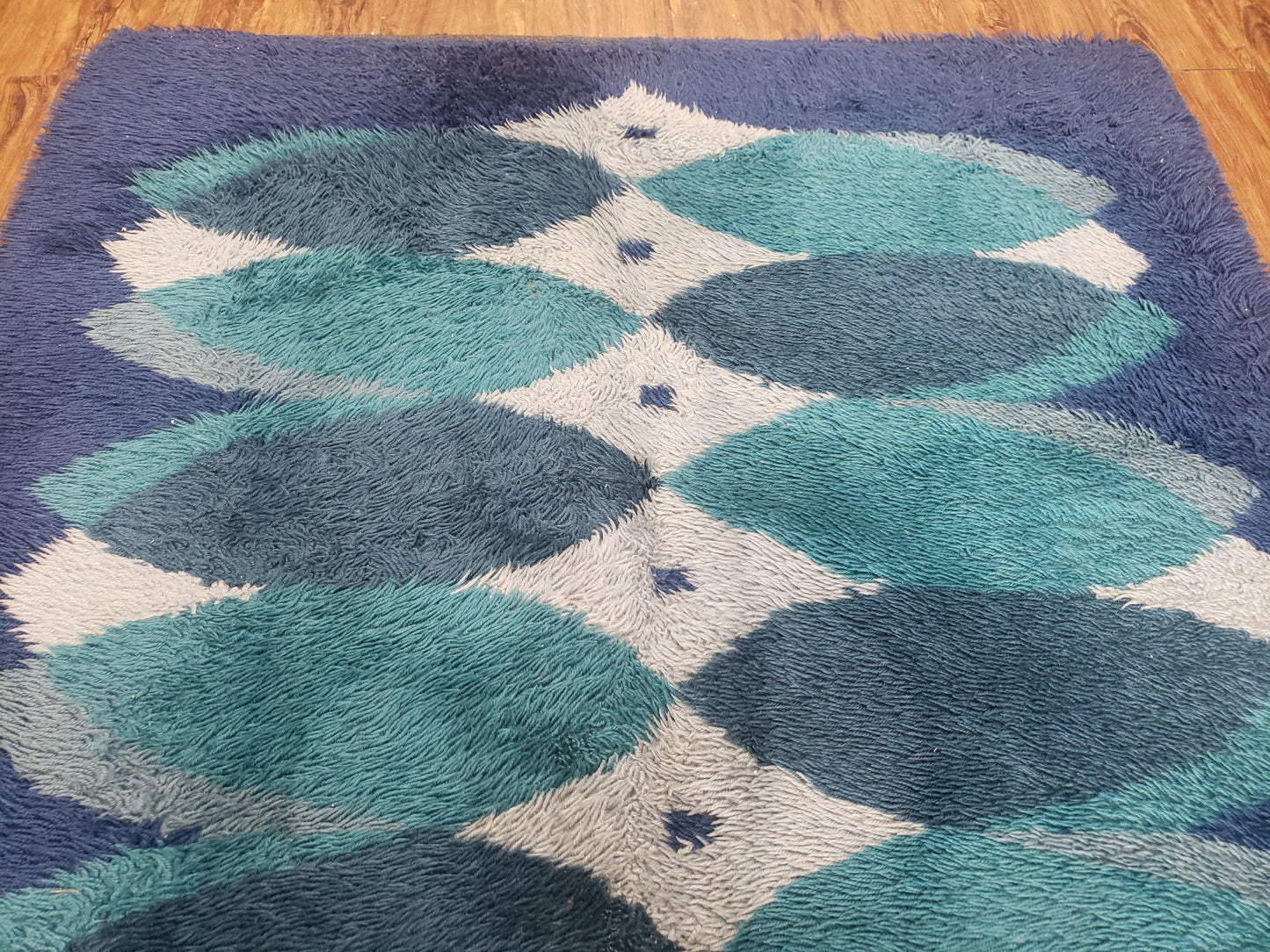 Blue Rya Rug, 1960s Mid-Century Danish Shag Rug 4'6" x 6'7", Ege Rya Modern Carpet, Cyan DeLuxe Rya Shag Rug, Vintage Area Rug 4x6, 5x7 Rug
