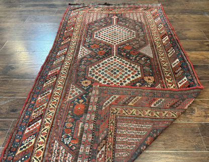 Antique Persian Shiraz Rug 5x8, Khamseh Tribal Wool 1920s Carpet, Navy Blue