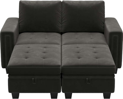 Grey Velvet Modular Sectional Sofa With Storage And Sleeper