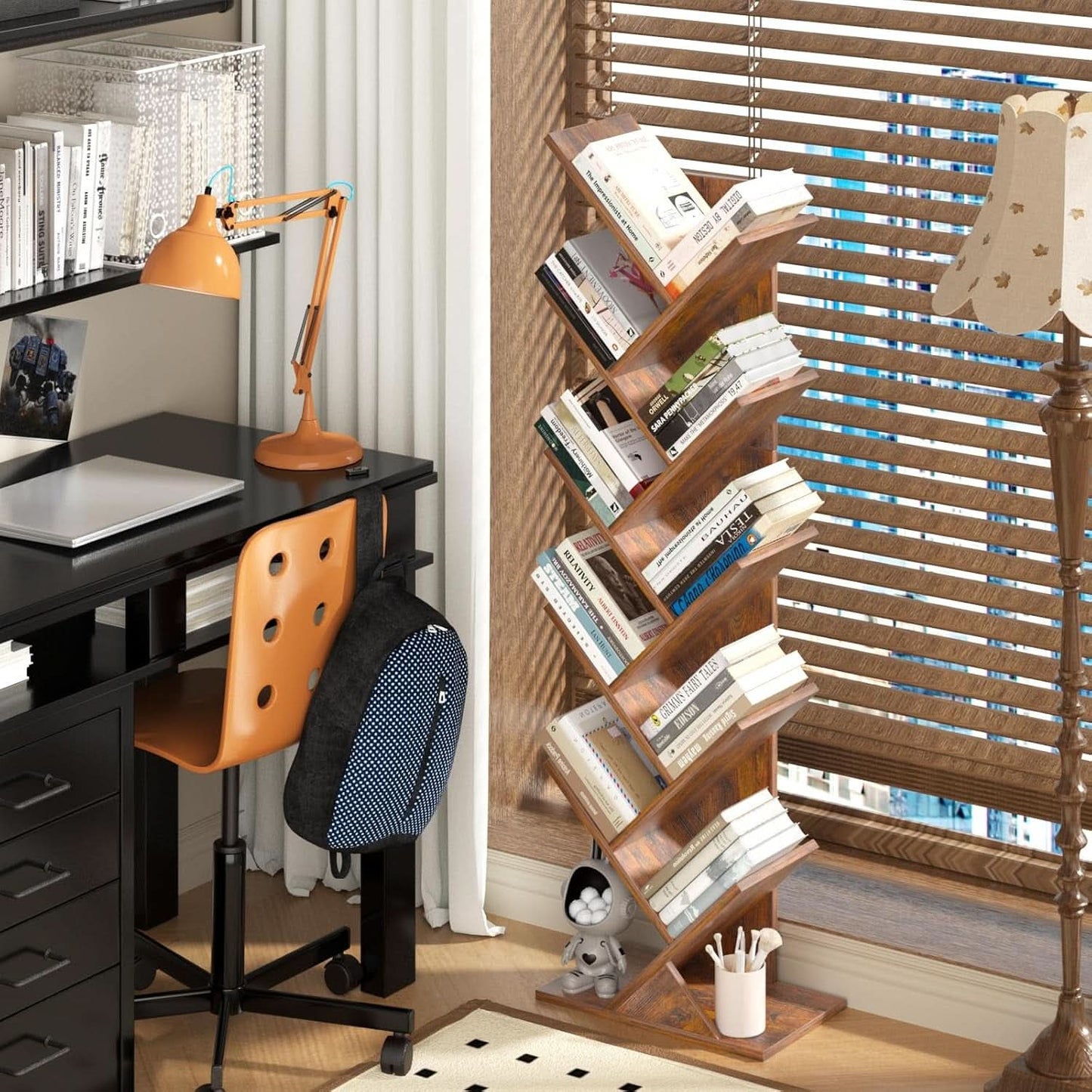 10 Tier Tree Bookshelf Brown Wood Floor Standing Bookcase For Living Room Decor Storage