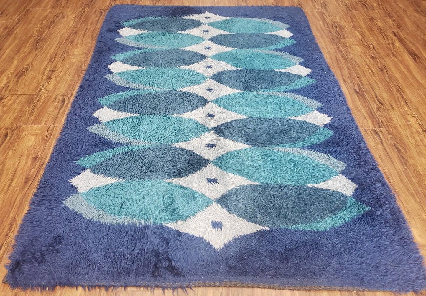 Blue Rya Rug, 1960s Mid-Century Danish Shag Rug 4'6" x 6'7", Ege Rya Modern Carpet, Cyan DeLuxe Rya Shag Rug, Vintage Area Rug 4x6, 5x7 Rug