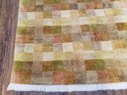 4x6 Tibetan Rug, Modern Abstract Handmade Area Rug, Checkerboard Pattern, Neutral Ivory Gold Tan Colors, Soft Pile, Mid Sized Rug, Nepali