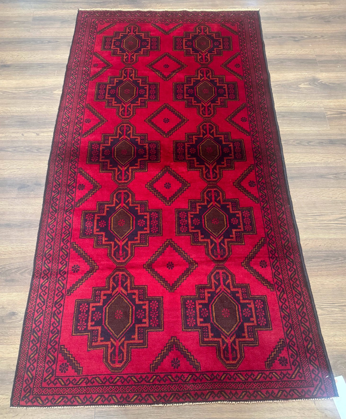 Afghan Rug 4x7, Tribal Carpet, Balouch Rug, Red and Navy Blue, Repeated Medallions, New