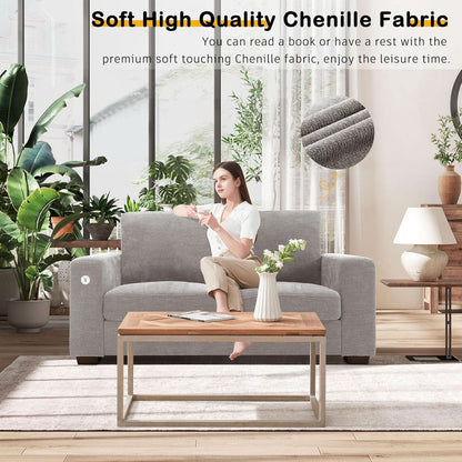 70 Inch Gray Chenille Loveseat With USB C Ports And Plush Cushions