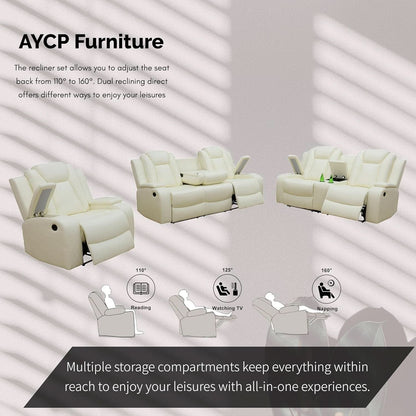 Power Recliner Set With LED Lights And USB Charging Ivory White