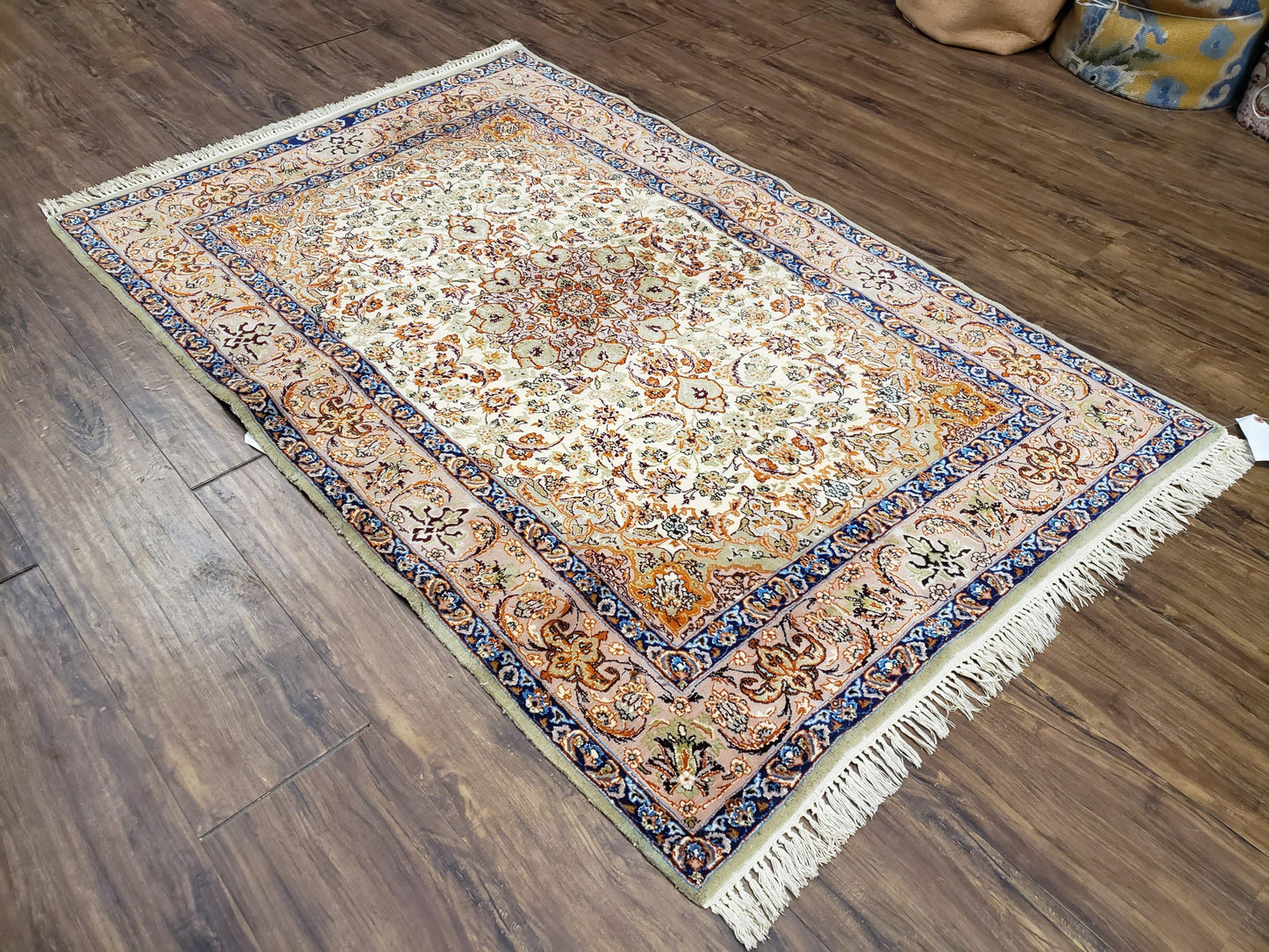 Vintage Persian Isfahan Lachak Toranj Rug, Highly Detailed, Kork Wool on Silk Foundation, Beige and Dark Blue, Hand-Knotted, 3'6" x 5' 4"