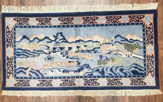 Vintage Chinese Pictorial Rug 2'4" x 4' 7", Chinese Village, Wool Hand-Knotted Blue & Teal Fine Carpet, Tapestry Rug, Woven Wall Art