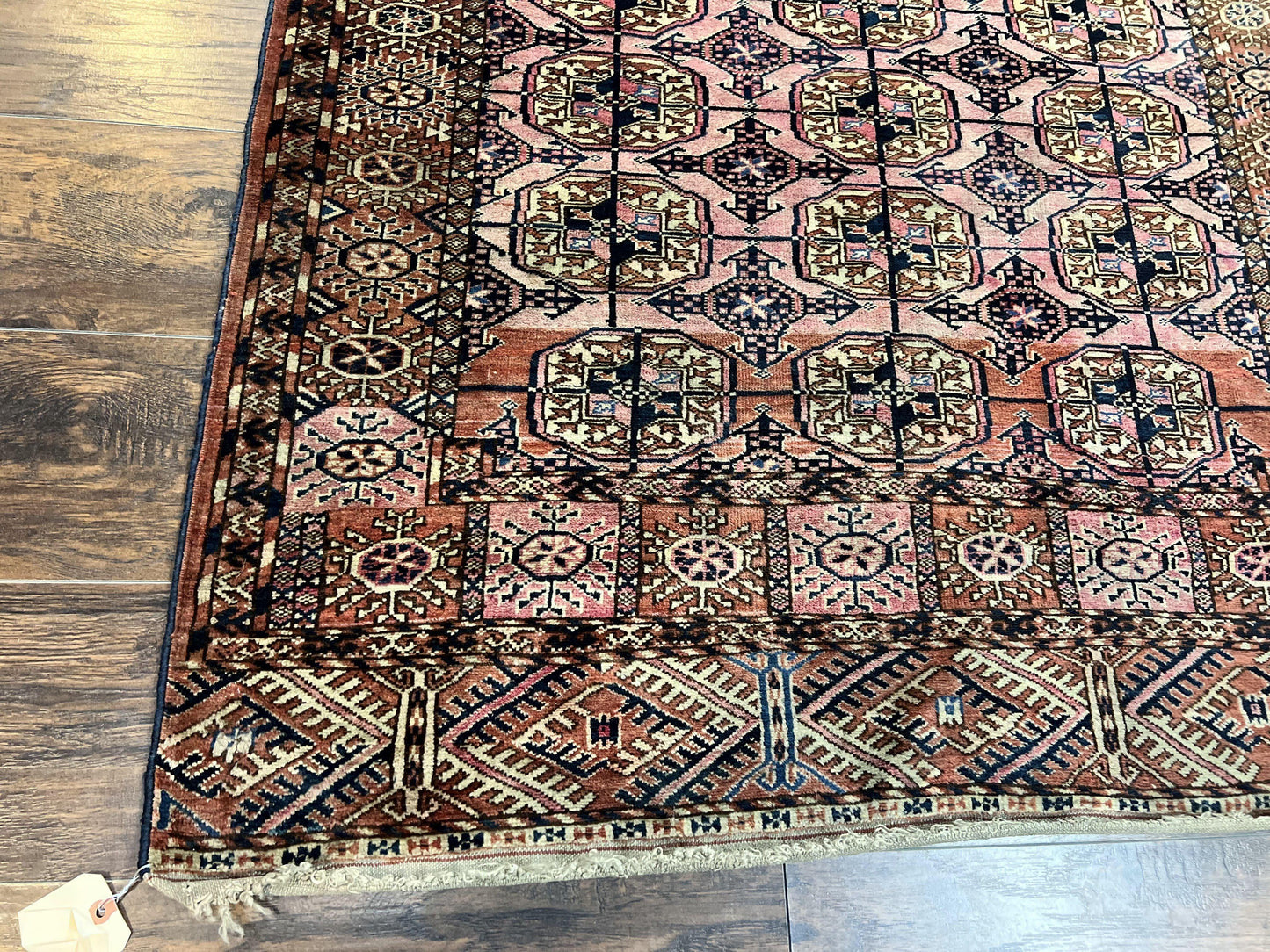 Persian Turkoman Rug 4x6, Wool Hand Knotted Antique Bokhara Carpet, Red Pink, Handmade Tribal Oriental Rug 4 x 6 ft