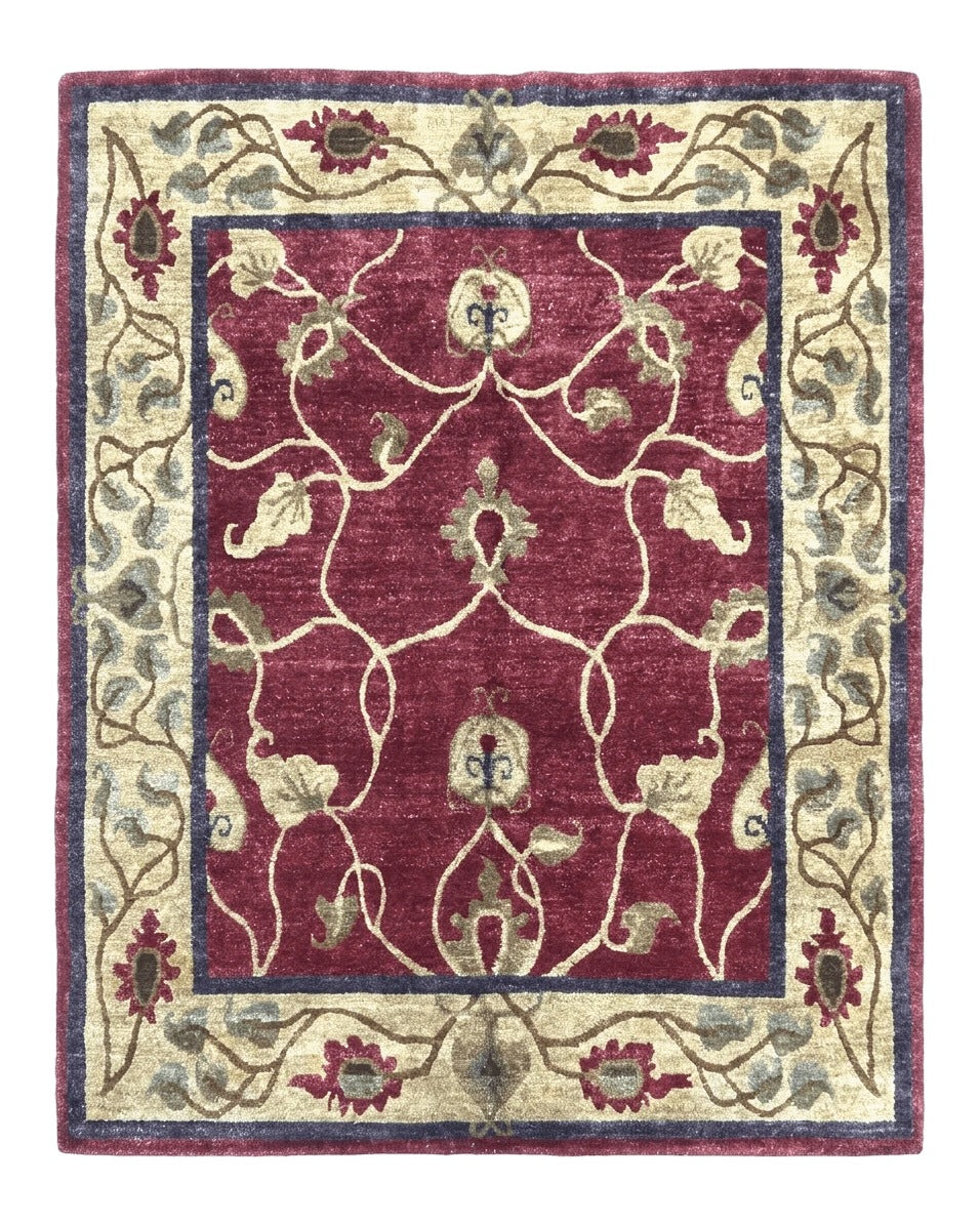 Tibetan Aubusson Rug 8x10, Maroon and Beige, Floral, Handmade, Wool, Vintage, Traditional Rug
