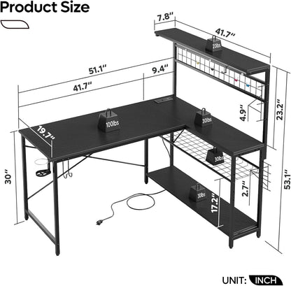 51-Inch L-Shaped Gaming Desk With LED Lights For Office