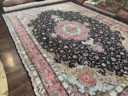 Magnificent Persian Tabriz Rug 11x16, Oversized Persian Carpet 11 x 16 ft, Wool on Silk Finely Hand Knotted, 450 KPSI, Floral Medallion, Black Pink