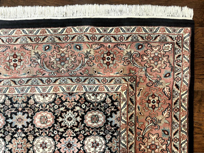Indo Persian Rug 9x12, Vintage Handmade Wool Carpet, Repeated Allover Motif, Navy Blue and Pink