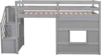Twin Size Low Loft Bed In Gray With Stairs Storage