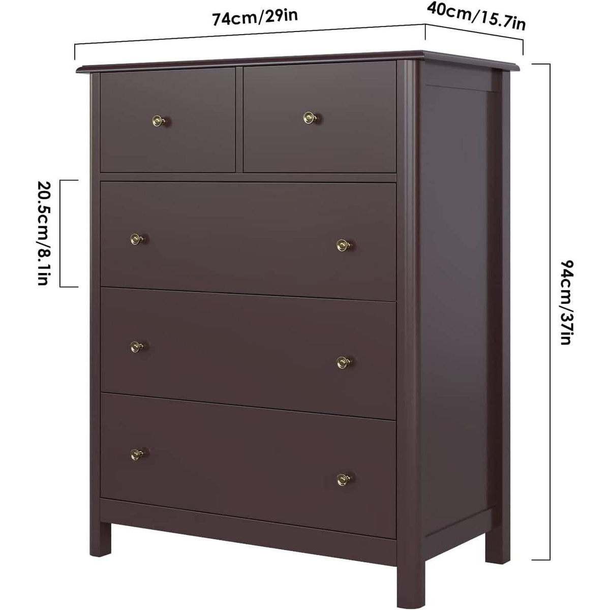 Dark Brown Modern 5 Drawer Chest of Drawers for Bedroom