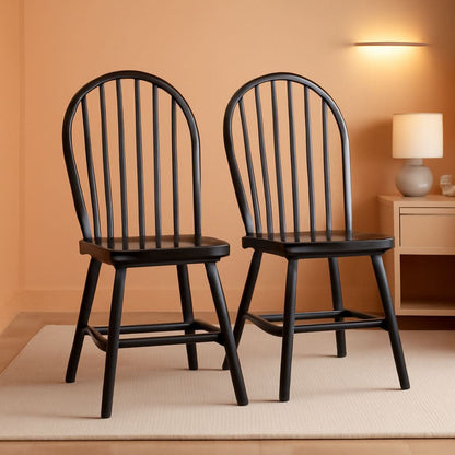 Windsor Dining Chair Set Solid Wood Black Finish 2 Pack