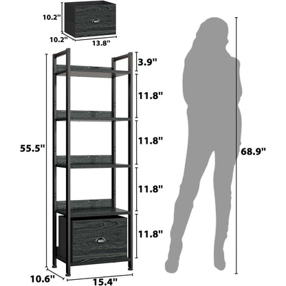 5 Tier Bookshelf With Drawer Black In Modern Rustic Style