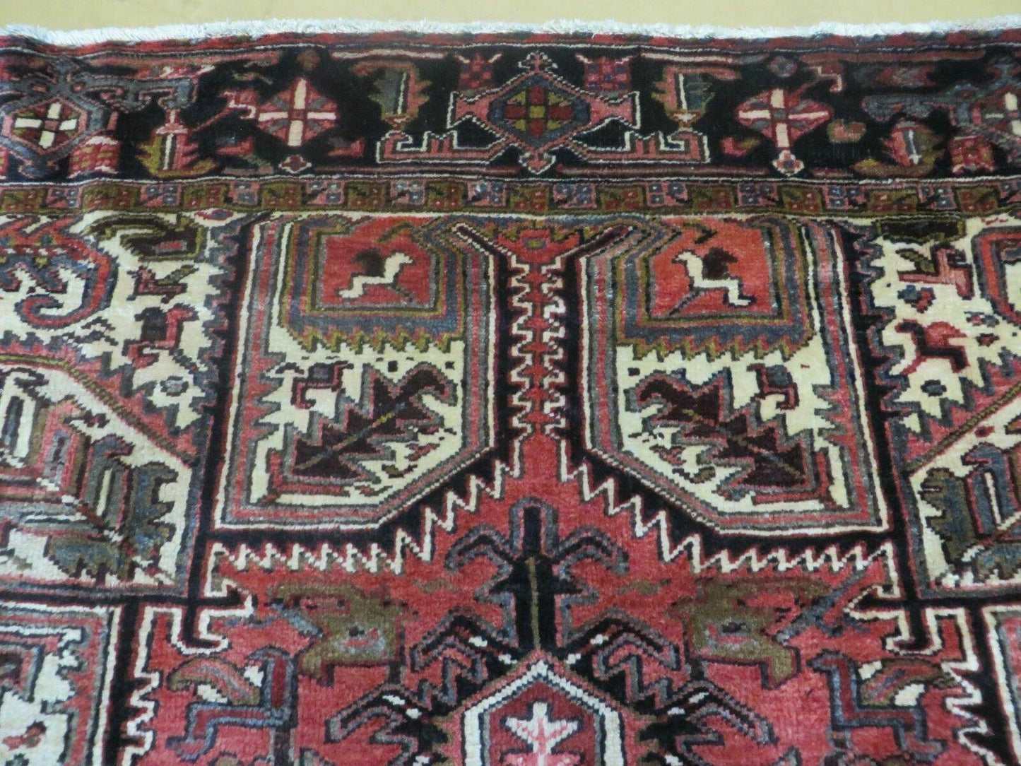 Persian Heriz Rug 8x12 Semi Antique Heriz Carpet, Room Sized Persian Carpet, Geometric Medallion, Wool, Hand Knotted, Red Ivory Dark Blue
