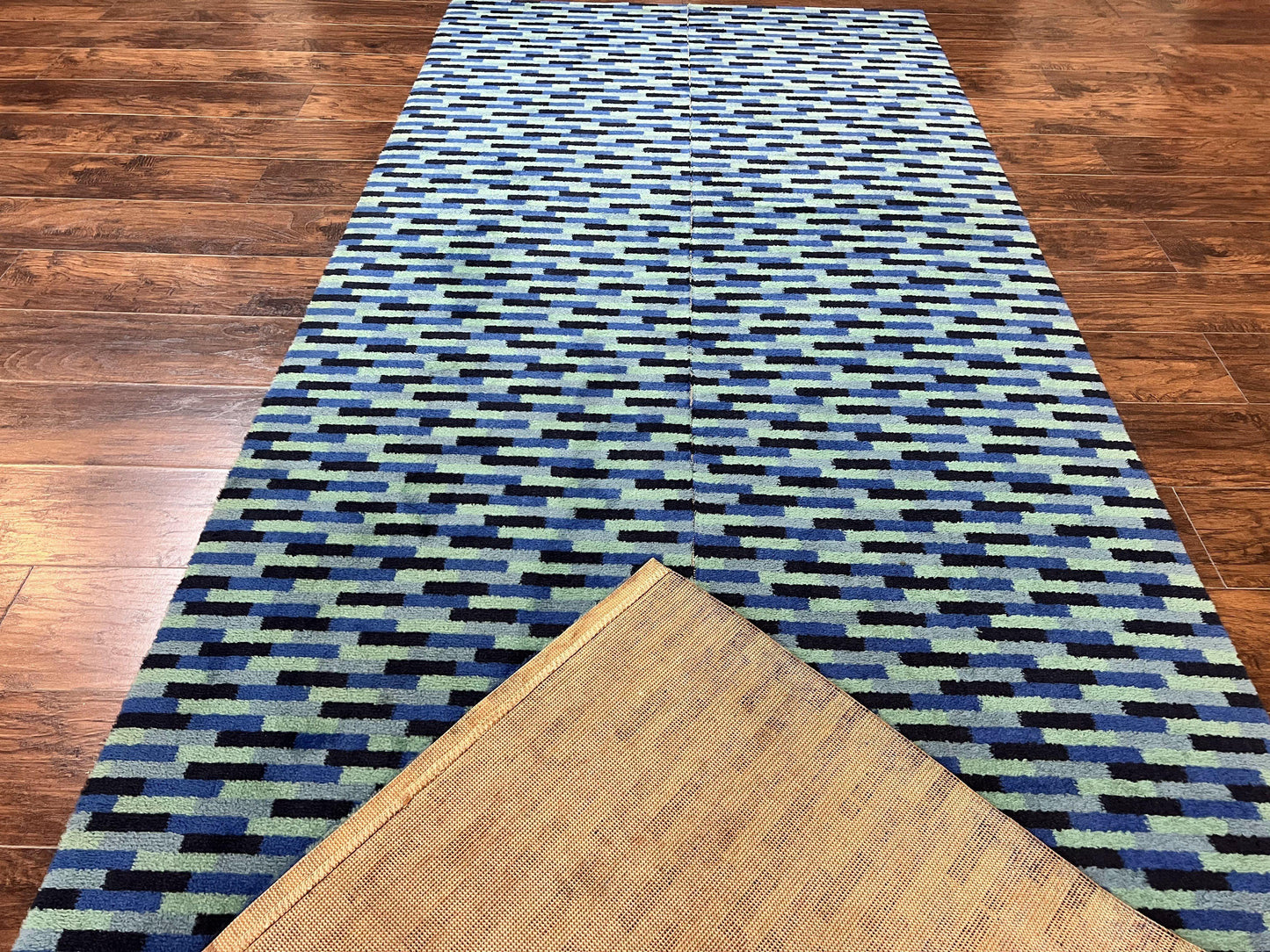 Wide Runner Rug 4.7 x 12, Blue Multicolor Contemporary Wool Power Loomed Rug, Mosiac Design
