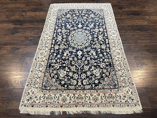 Very Fine Persian Nain Rug 3.7 x 6, Floral Medallion, Wool and Silk Accents, Highly Detailed, Hand Knotted Oriental Carpet, Navy Blue Ivory/Cream