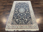 Very Fine Persian Nain Rug 3.7 x 6, Floral Medallion, Wool and Silk Accents, Highly Detailed, Hand Knotted Oriental Carpet, Navy Blue Ivory/Cream