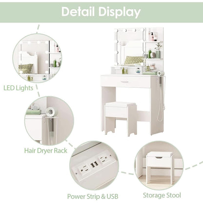 White Vanity Set With Lighted Mirror And Built In Power