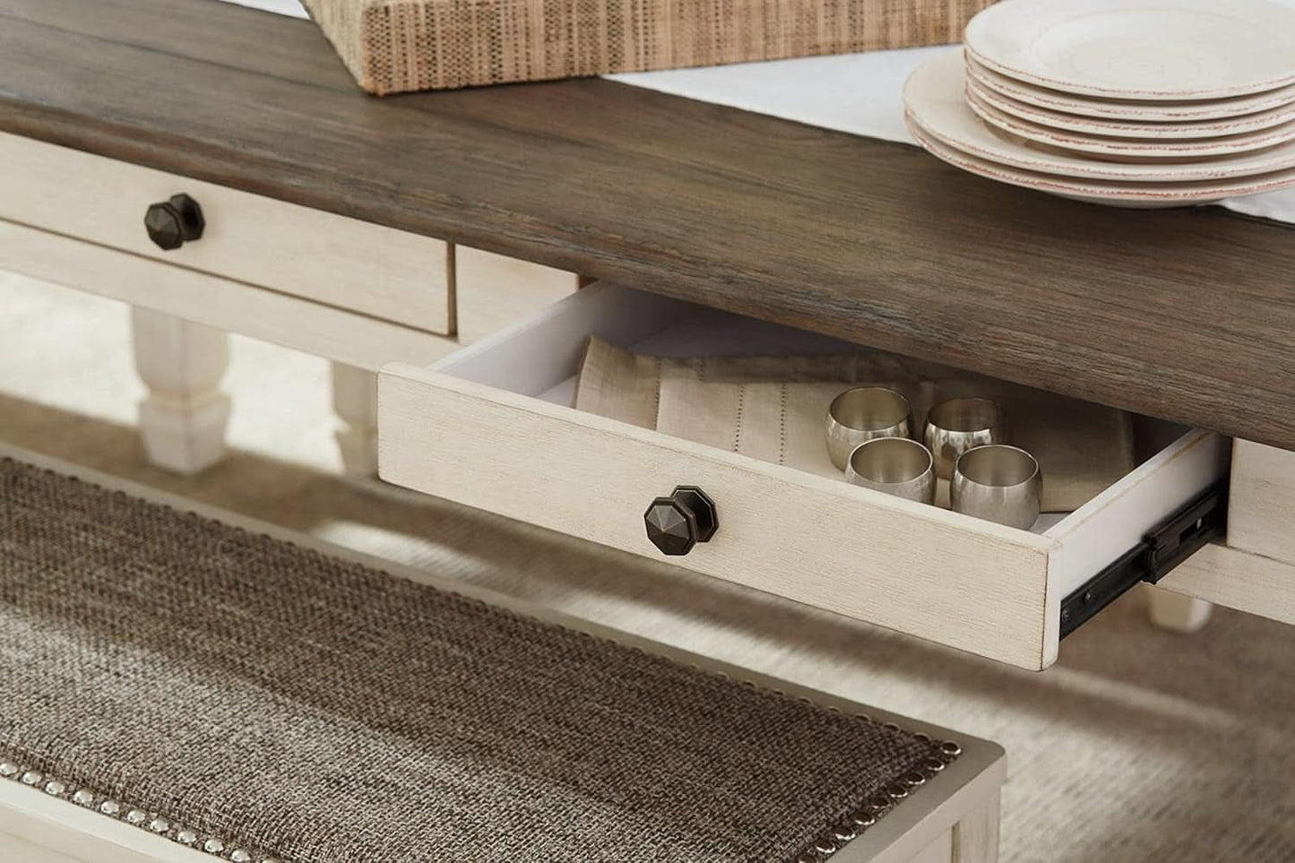 Bolanburg Farmhouse Dining Table Drawers Whitewash Seats 6