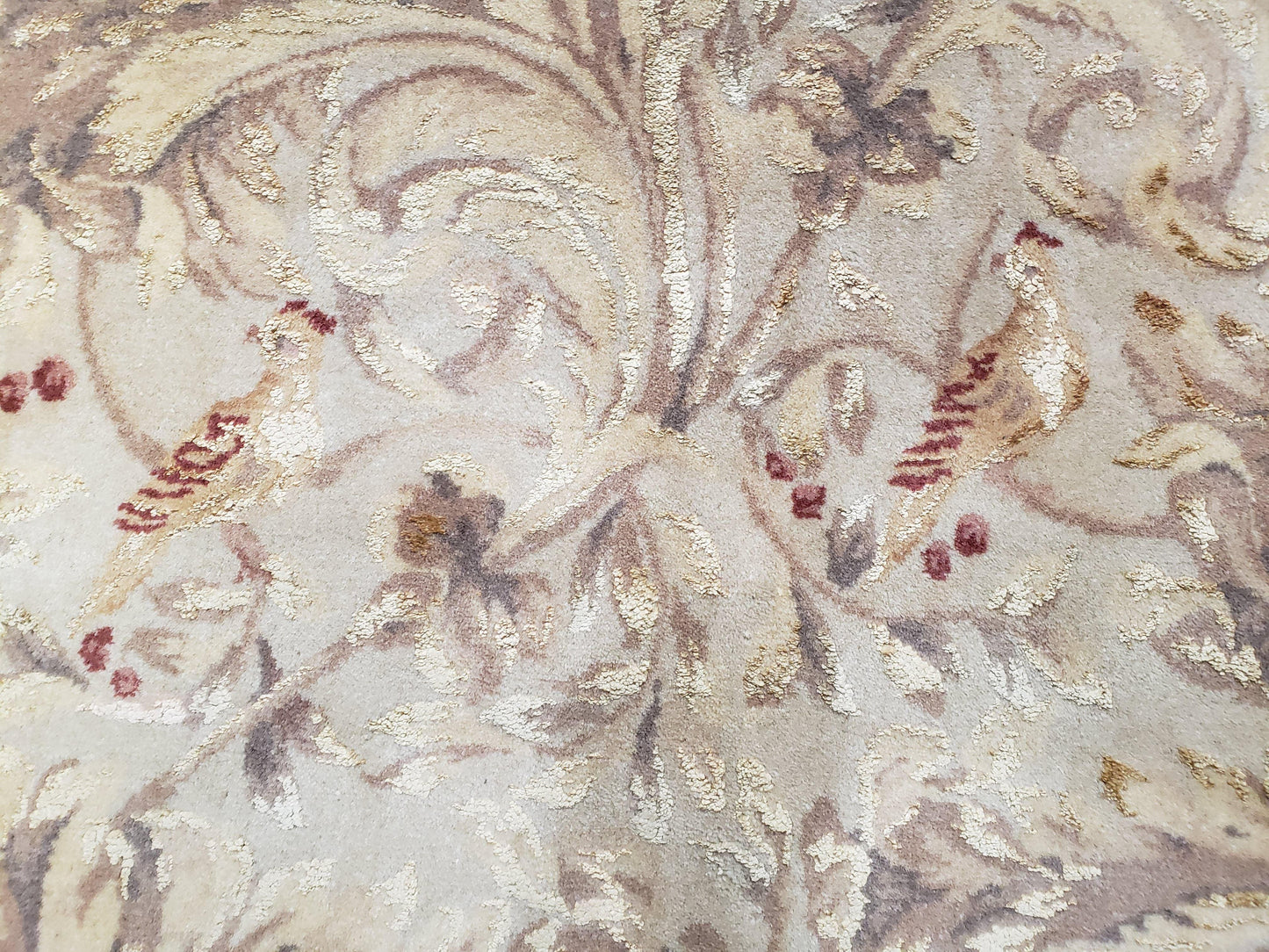 Chinese Aubusson Savonnerie Area Rug 8x12, Vintage 120 Line Carpet, Wool and Silk Hand-Knotted, Birds Flowers Master Weaver Signature